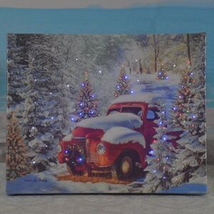 Red Truck Canvas with Snow and Twinkling Lights New (See Video)